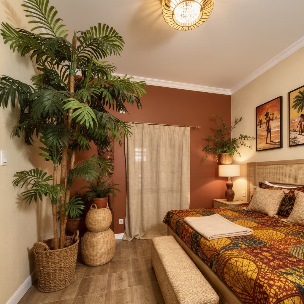 Bedroom styled with warm earth tones, woven textures, and soft lighting