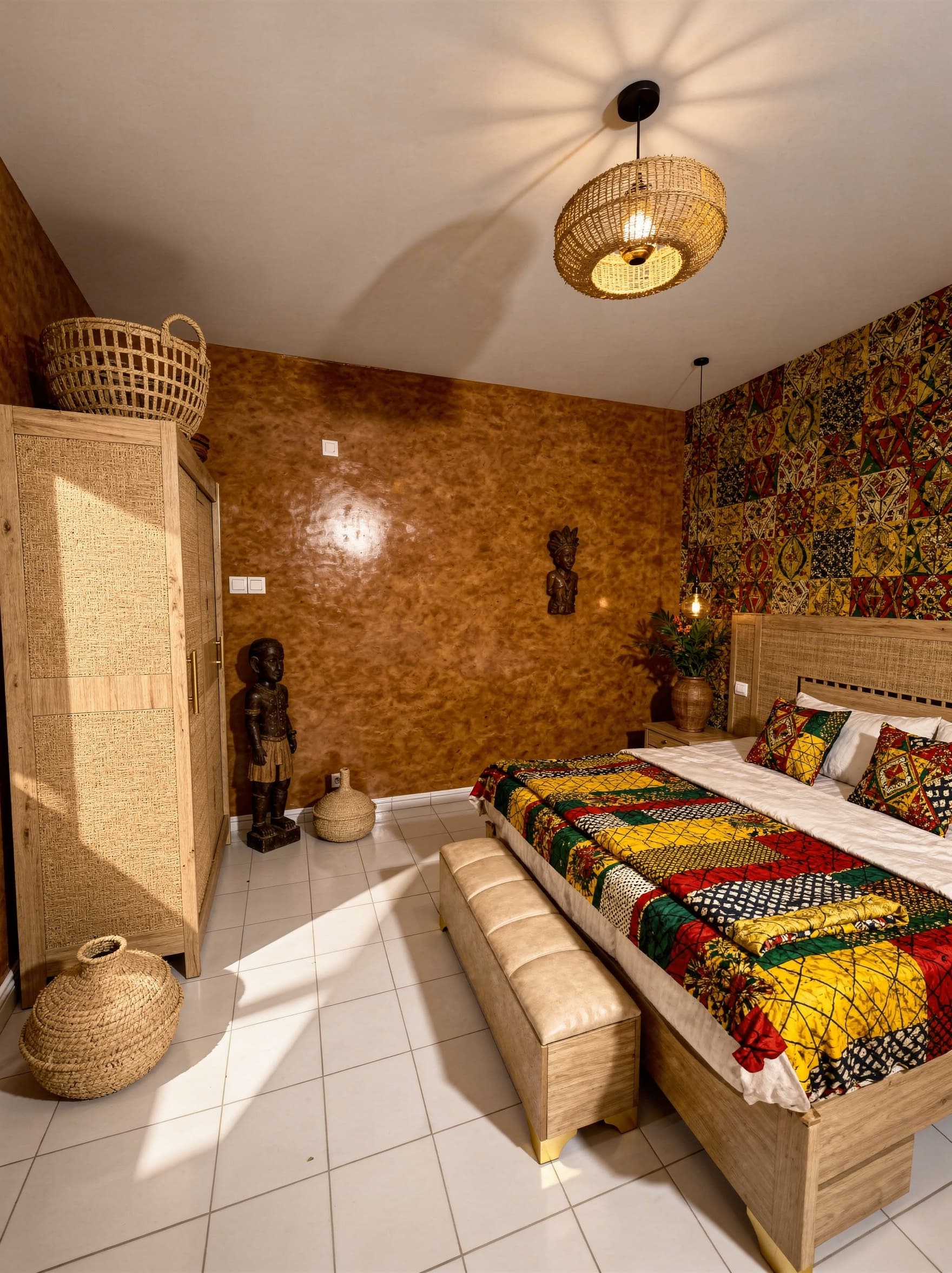 Bedroom styled with bold patterned textiles and statement wall details