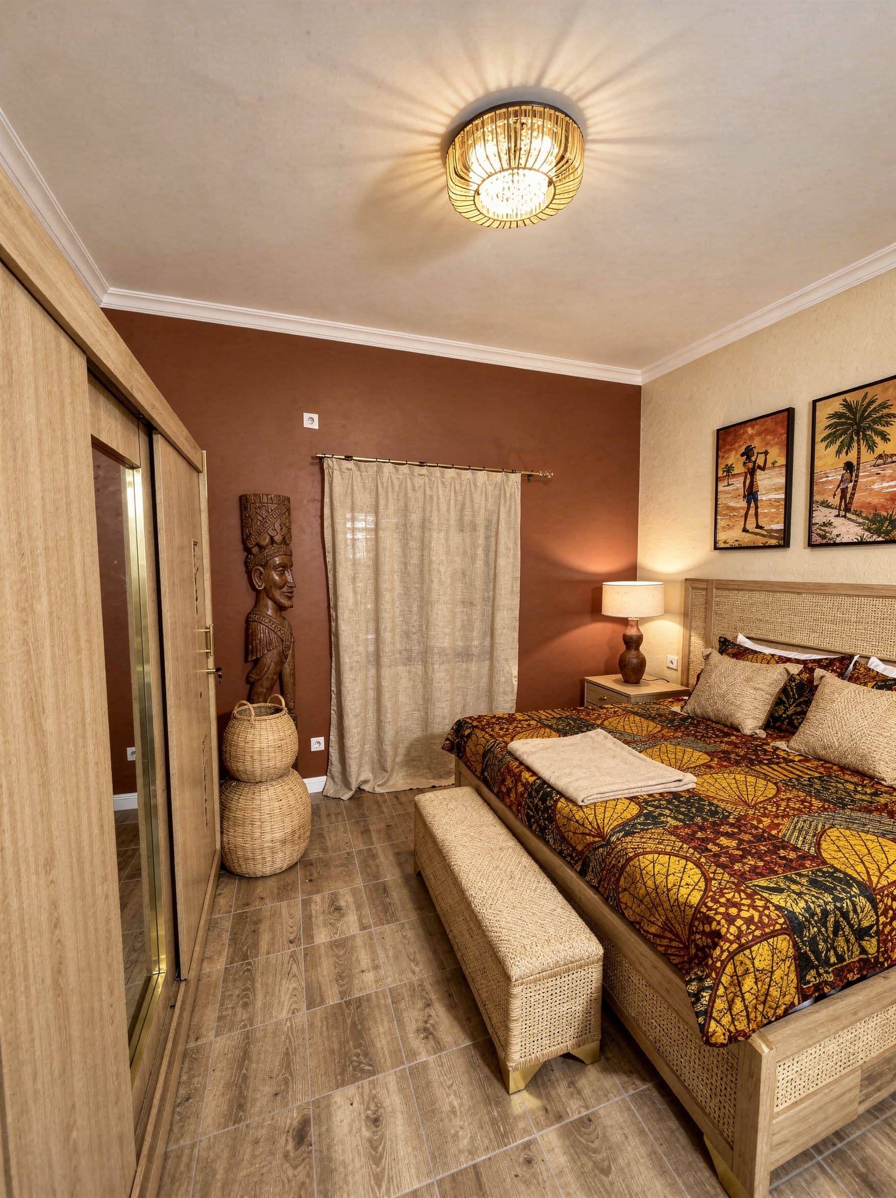 Bedroom styled with layered wood tones and calm warm lighting