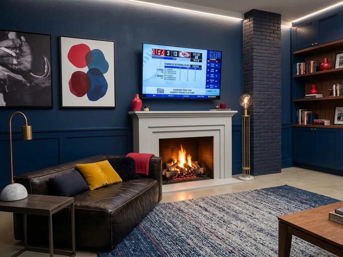 Living room restyled into a moody refined lounge with fireplace and custom shelving